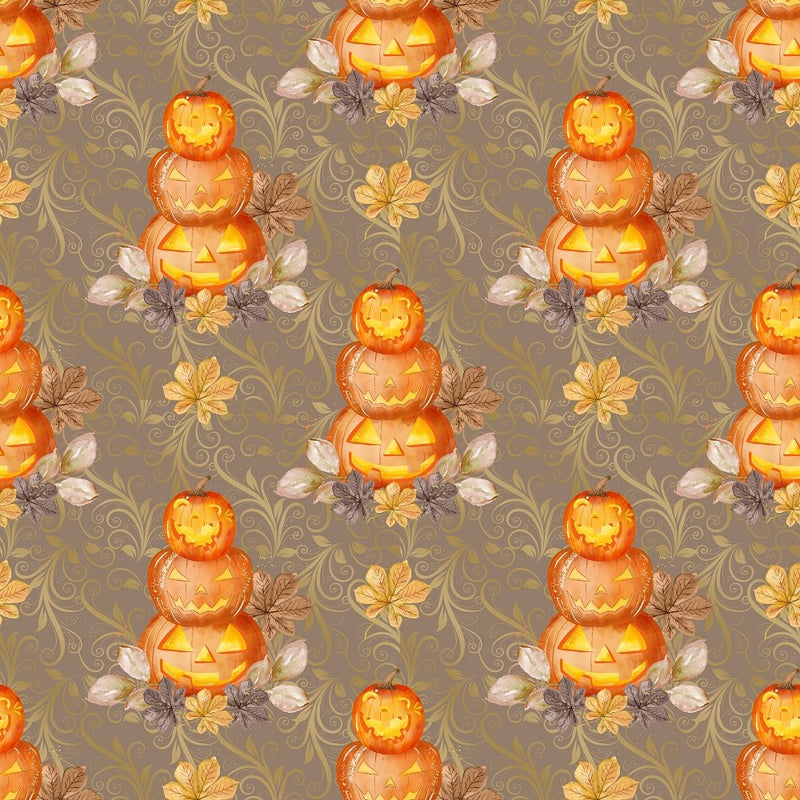 Stacked Jack-O-Lanterns on Vines Fabric - Brown - ineedfabric.com