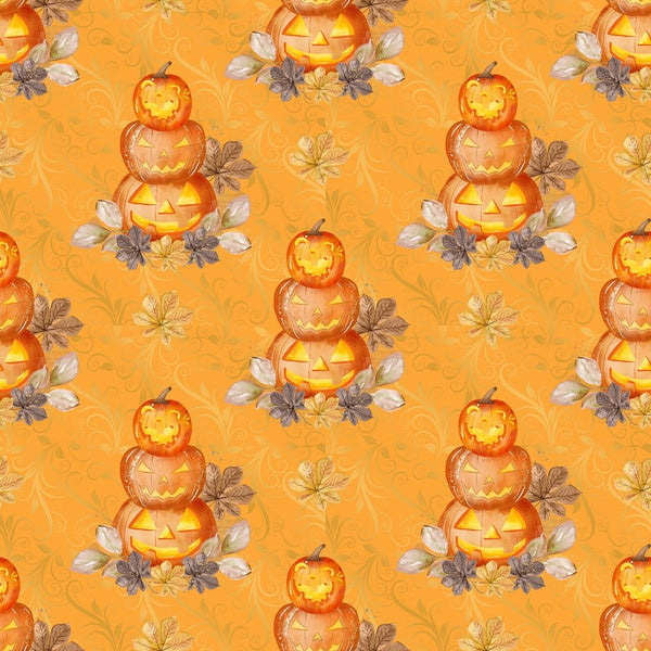Stacked Jack-O-Lanterns on Vines Fabric - Orange - ineedfabric.com
