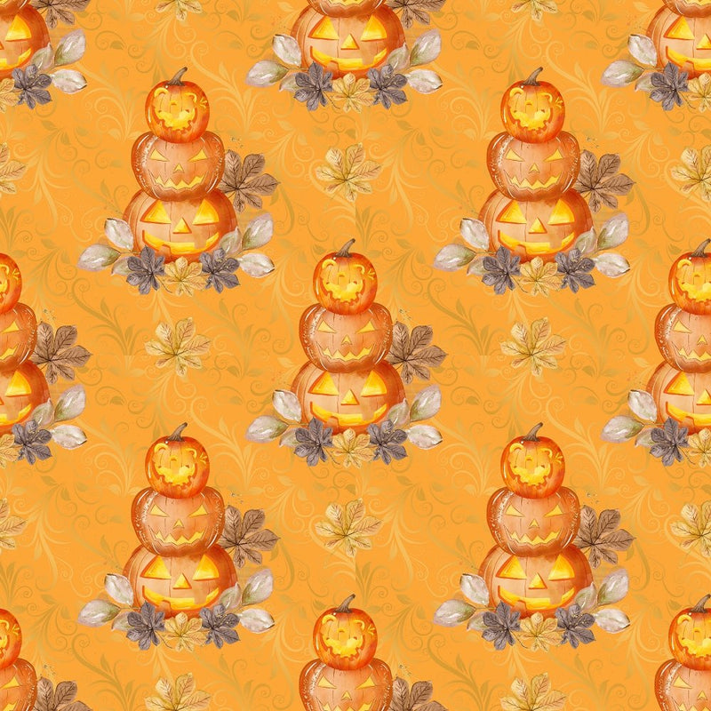 Stacked Jack-O-Lanterns on Vines Fabric - Orange - ineedfabric.com