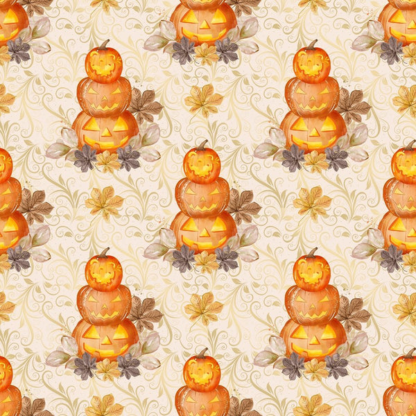 Stacked Jack-O-Lanterns on Vines Fabric - Tan - ineedfabric.com