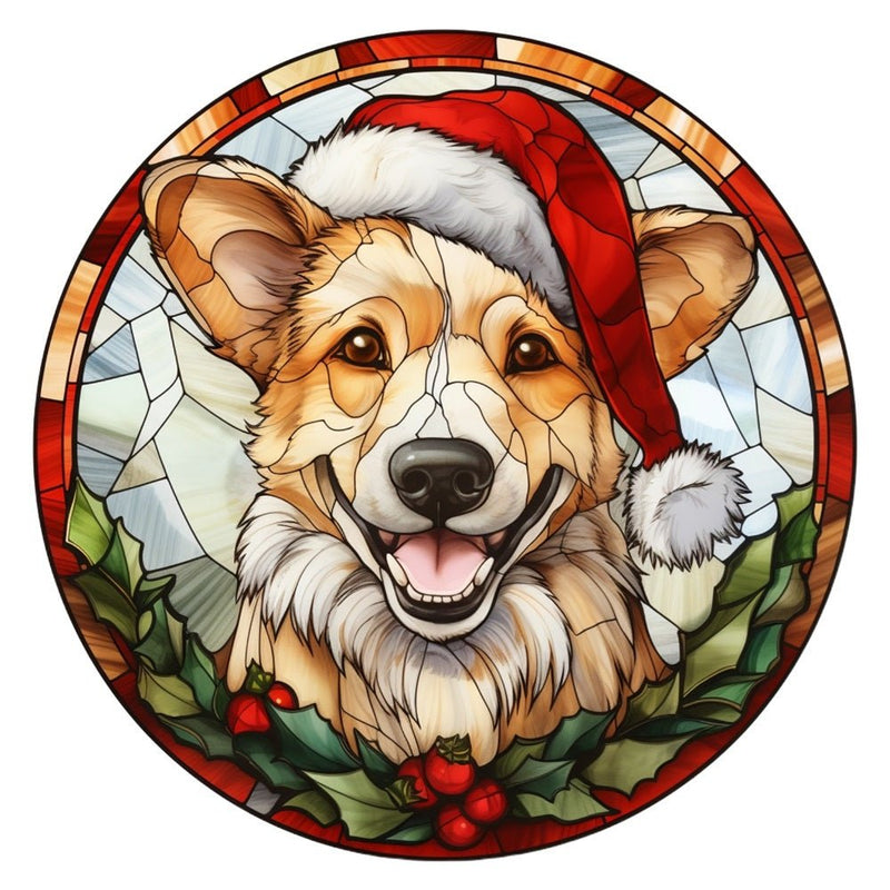 Stained Glass Christmas Corgi Fabric Panel - ineedfabric.com