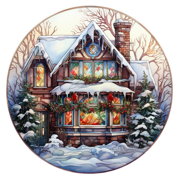 Stained Glass Christmas Cottage 1 Fabric Panel - ineedfabric.com