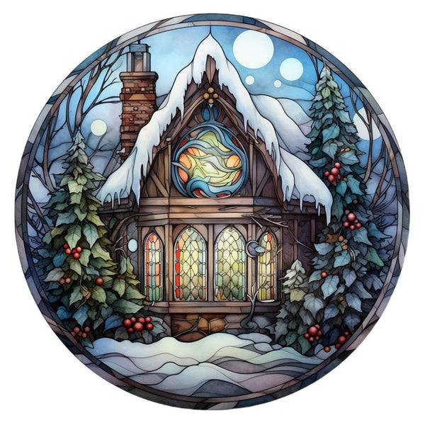 Stained Glass Christmas Cottage 4 Fabric Panel - ineedfabric.com