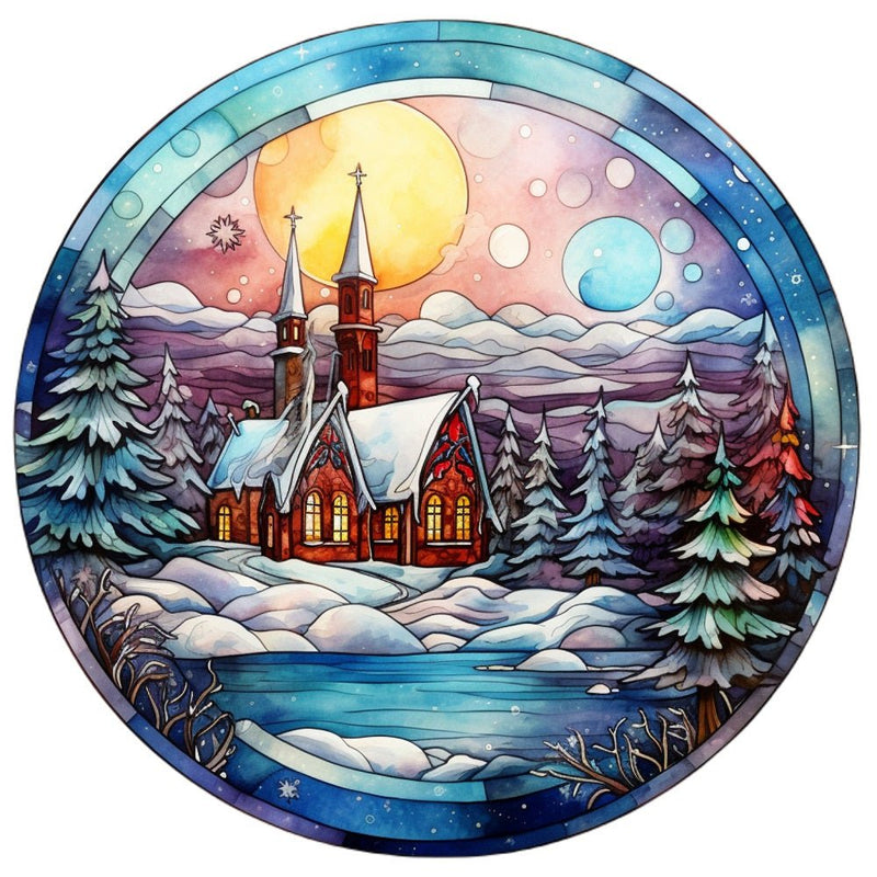 Stained Glass Church on Lake Fabric Panel - ineedfabric.com