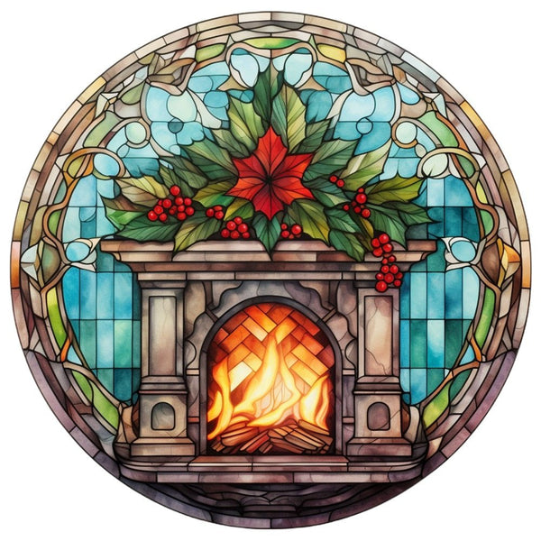 Stained Glass Poinsettia Fireplace Fabric Panel - ineedfabric.com