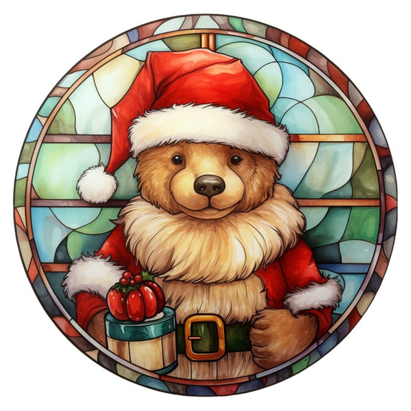 Stained Glass Santa Bear with Present 1 Fabric Panel - ineedfabric.com