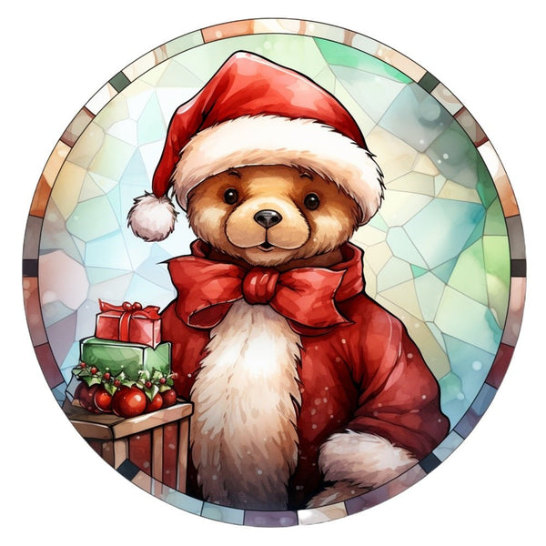 Stained Glass Santa Bear with Present 2 Fabric Panel - ineedfabric.com