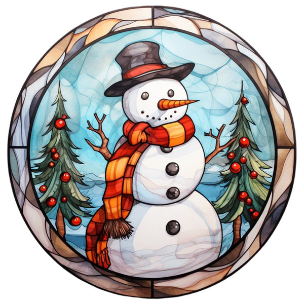 Stained Glass Snowman with Scarf Fabric Panel - ineedfabric.com