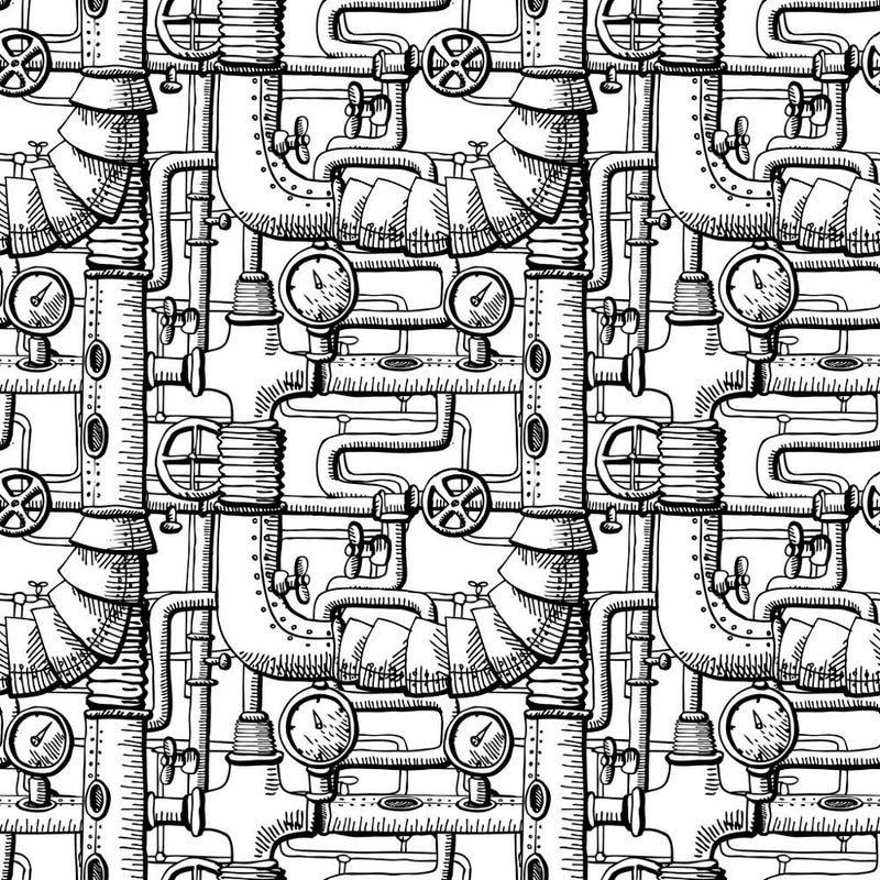 Steampunk Pipes & Gauges Fabric - White - ineedfabric.com