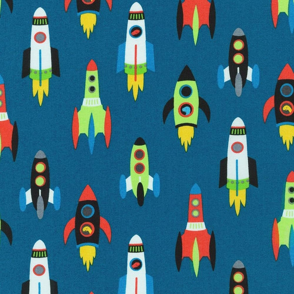 Stratosphere Space Rocket Fabric - Blue - ineedfabric.com