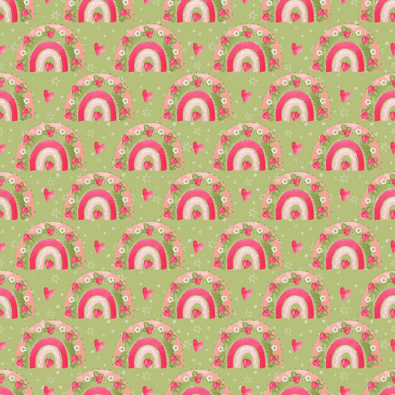 Strawberry Rainbows & Hearts Fabric - Green - ineedfabric.com