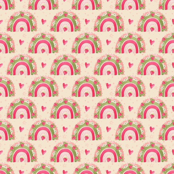 Strawberry Rainbows & Hearts Fabric - Tan - ineedfabric.com