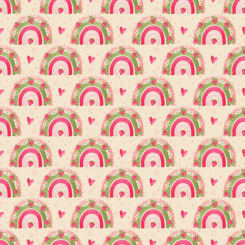 Strawberry Rainbows & Hearts Fabric - Tan - ineedfabric.com