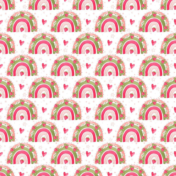 Strawberry Rainbows & Hearts Fabric - White - ineedfabric.com