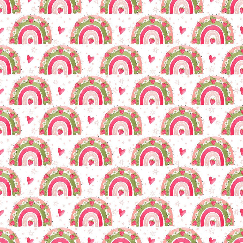 Strawberry Rainbows & Hearts Fabric - White - ineedfabric.com