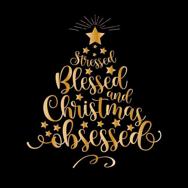 Stressed Blessed & Christmas Obsessed Fabric Panel - Black - ineedfabric.com