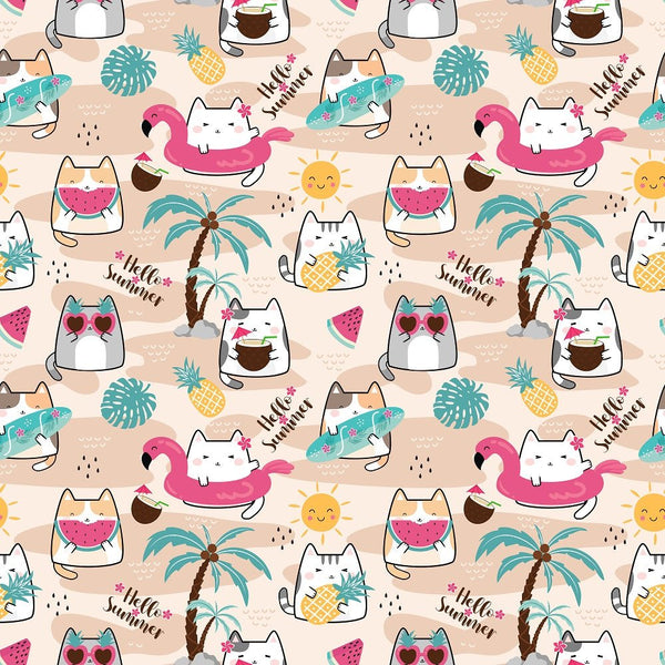 Summertime Cats Hello Summer Fabric - Sand - ineedfabric.com