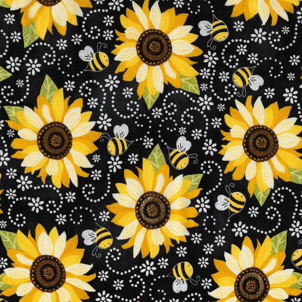 Sunflowers And Bees Fabric - Black - ineedfabric.com
