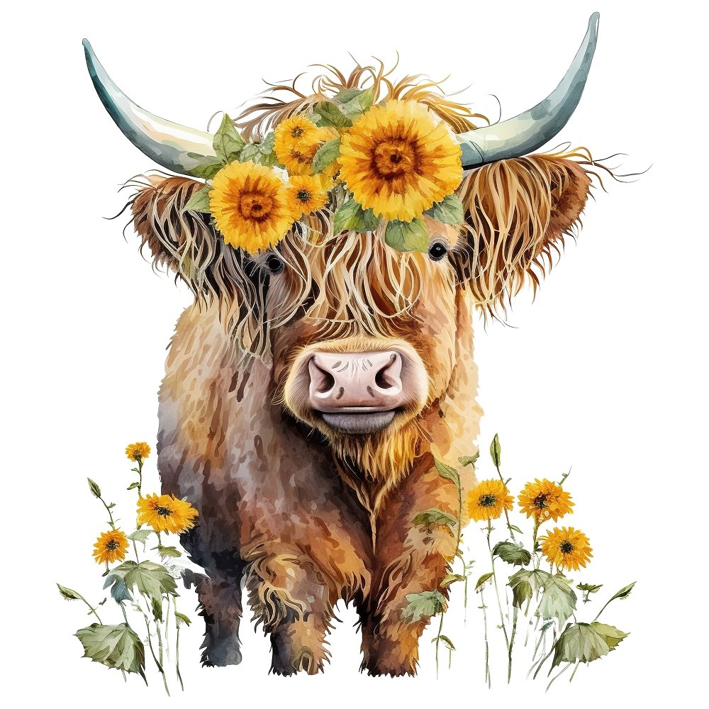 Sunflowers & Highland Cows 4 Fabric Panel –