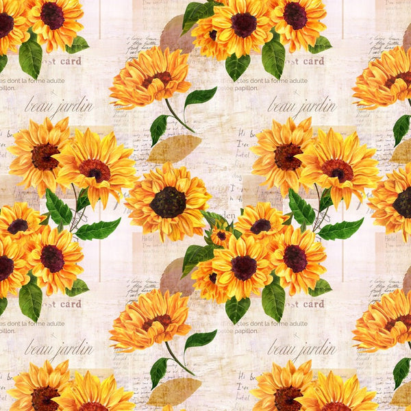 Sunflowers On Vintage Newspaper Fabric - ineedfabric.com