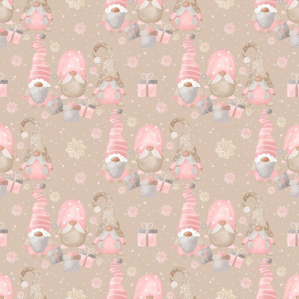 Sweet Christmas Gnomes Scene Fabric - Tan - ineedfabric.com