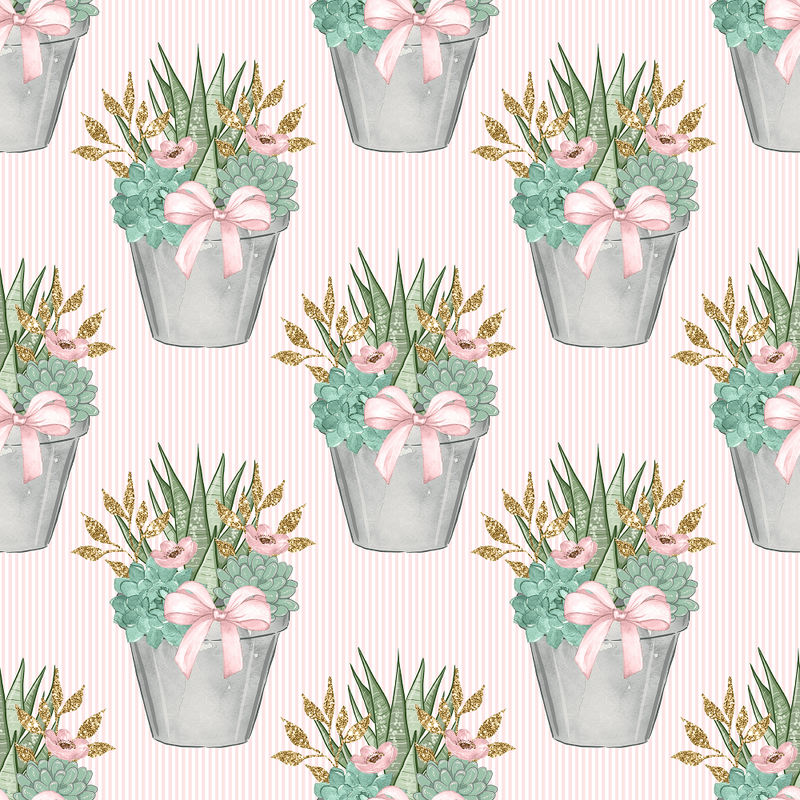 Sweet Succulents on Pink Stripes Fabric - ineedfabric.com