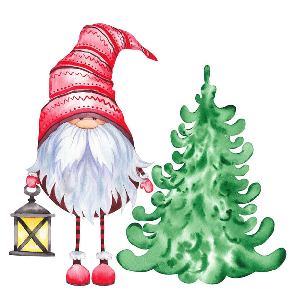 Tall Christmas Forest Gnome With Lamp Fabric Panel - White - ineedfabric.com
