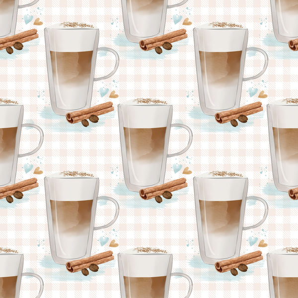Tall Coffee Cups on Plaid Fabric - White - ineedfabric.com
