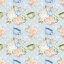 Tea Time Cups and Bouquets Fabric - Blue - ineedfabric.com