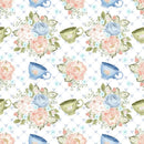 Tea Time Cups and Bouquets Fabric - White - ineedfabric.com