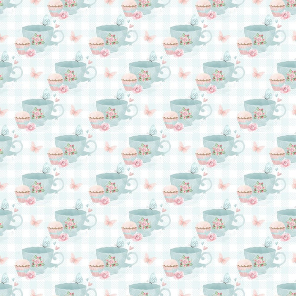 Tea Time Cups and Butterflies Fabric - Blue - ineedfabric.com