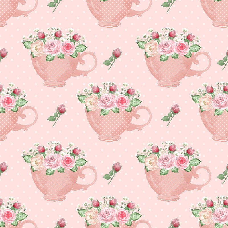 Tea Time Floral Cups Fabric - Pink - ineedfabric.com