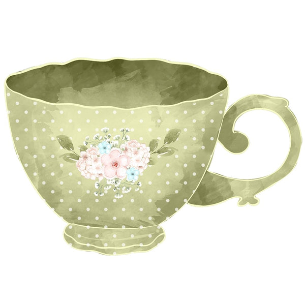 Tea Time Green Floral Cup Fabric Panel - ineedfabric.com