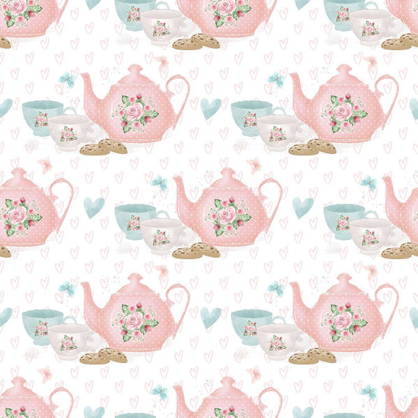 Tea Time Pink Set Fabric - White - ineedfabric.com
