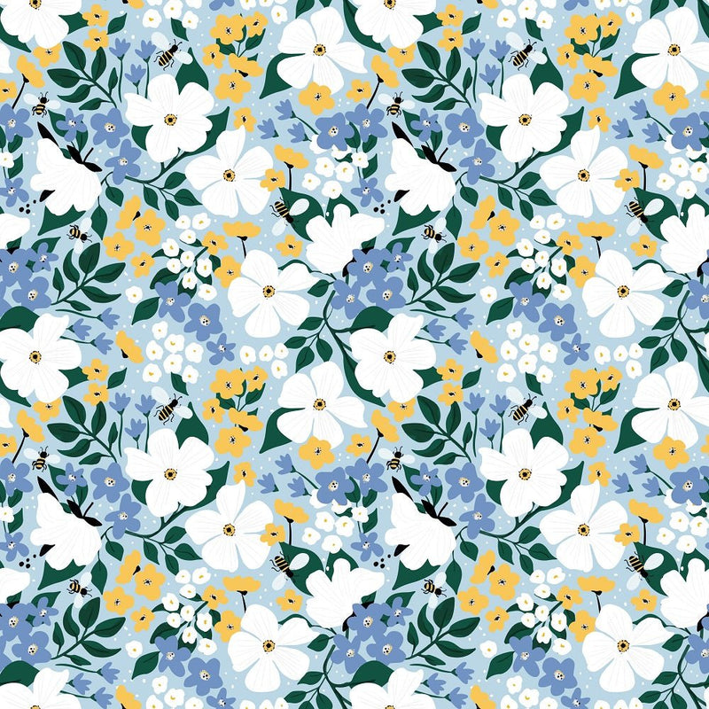 The Bees Knees Floral Fabric - Blue - ineedfabric.com