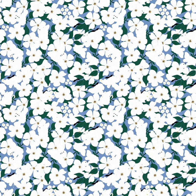 The Bees Knees White Flowers Fabric - Blue - ineedfabric.com
