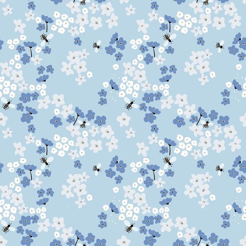 The Bees Knees White Petals Fabric - Blue - ineedfabric.com