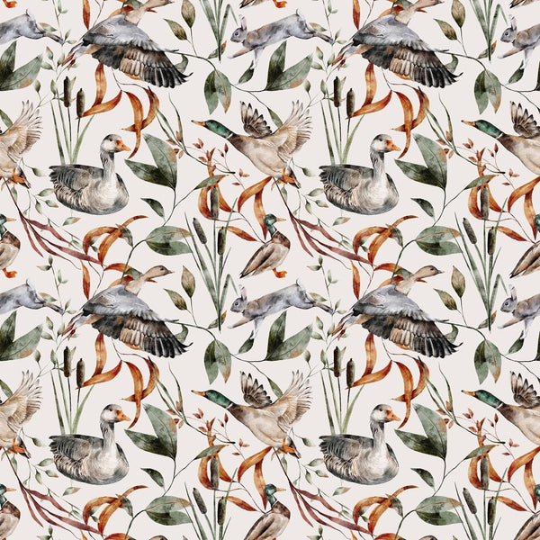 The Cottage Birds and Cattail Fabric - White - ineedfabric.com