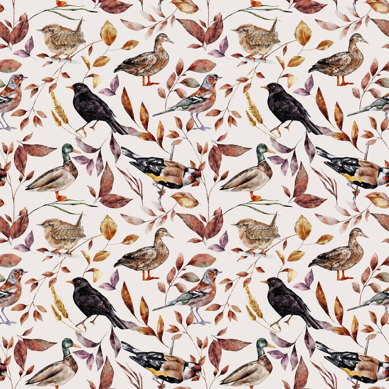 The Cottage Birds and Leaves Fabric - White - ineedfabric.com
