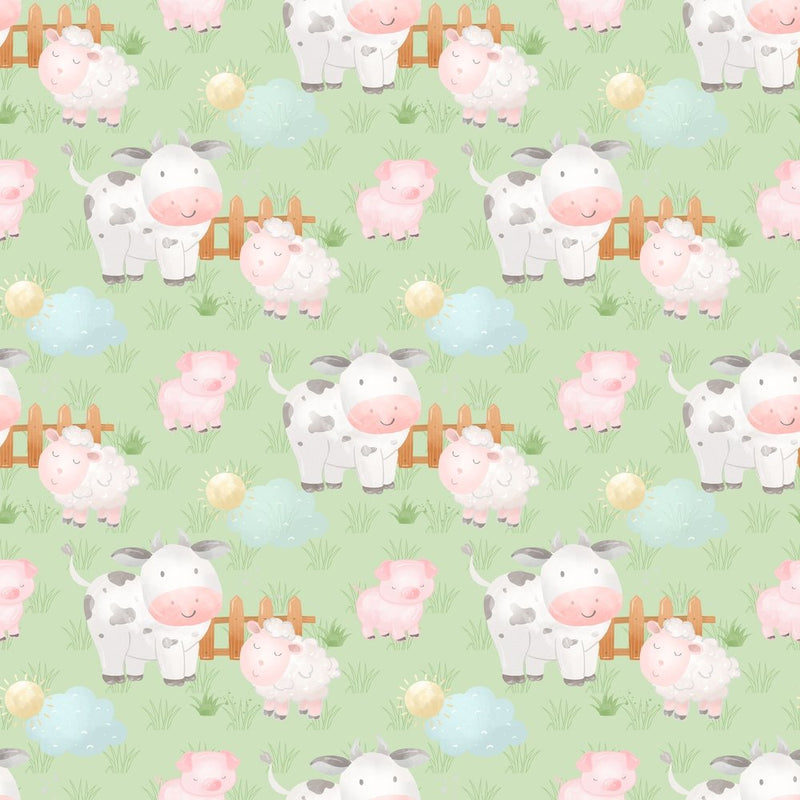 The Cutest Little Farm Animals Fabric - Green - ineedfabric.com