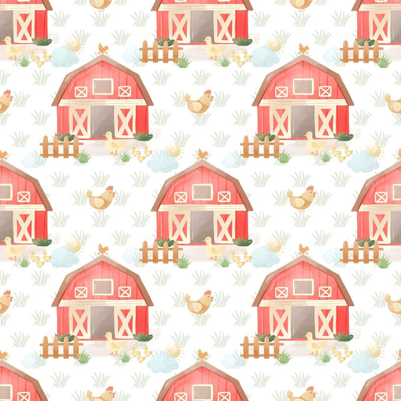 The Cutest Little Farm Barn Fabric - White - ineedfabric.com
