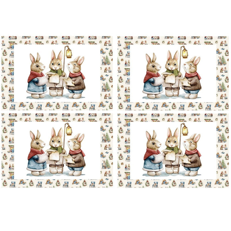 Three Caroling Bunnies Placemats Fabric Panel - ineedfabric.com