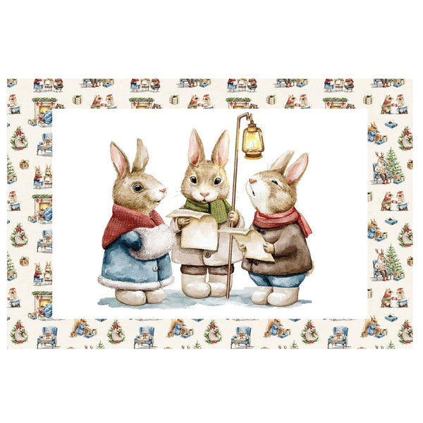 Three Caroling Bunnies Placemats Fabric Panel - ineedfabric.com
