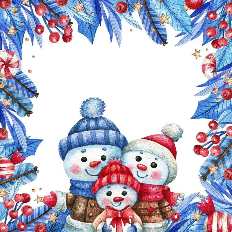 Three Snowmen in a Framed Wreath Fabric Panel - Blue - ineedfabric.com