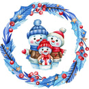 Three Snowmen in a Wreath Fabric Panel - Blue - ineedfabric.com