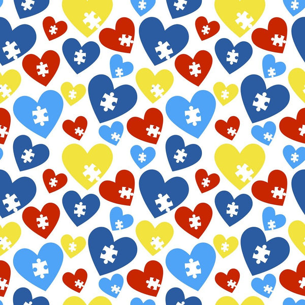 Tossed Autism Awareness Hearts & Puzzle Pieces Fabric - ineedfabric.com