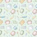Tossed Cooking Utensils In The Kitchen Fabric - Green - ineedfabric.com