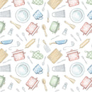 Tossed Cooking Utensils In The Kitchen Fabric - White - ineedfabric.com
