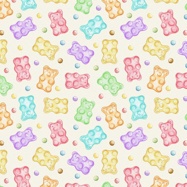 Tossed Gummy Bears & Gum Drops Fabric - Yellow - ineedfabric.com