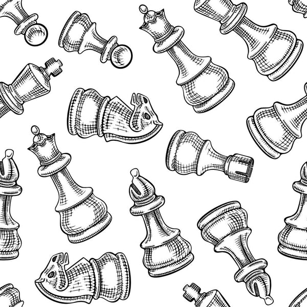 Tossed Sketched Chess Pieces Fabric - ineedfabric.com